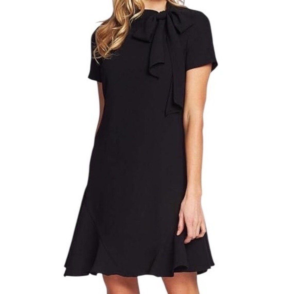 NWT CeCe Womens Tie Neck Short Sleeve Ruffle Hem A-Line Dress Rich Black Size 10
